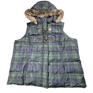 Charter Club Women's 3X Puffer Vest Blackwatch Plaid Quilted Hooded Green Tartan